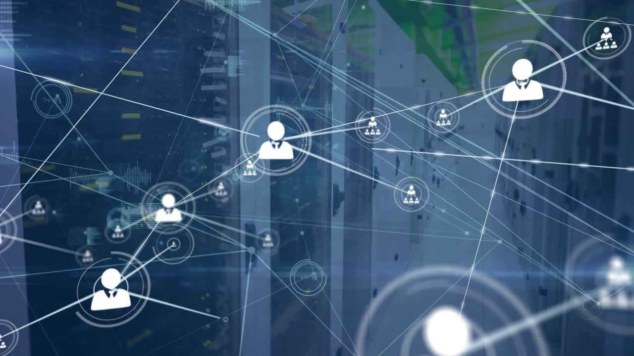 Animation of network of connections with icons and data processing over server room