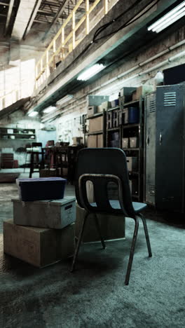 an empty warehouse with a chair and boxes