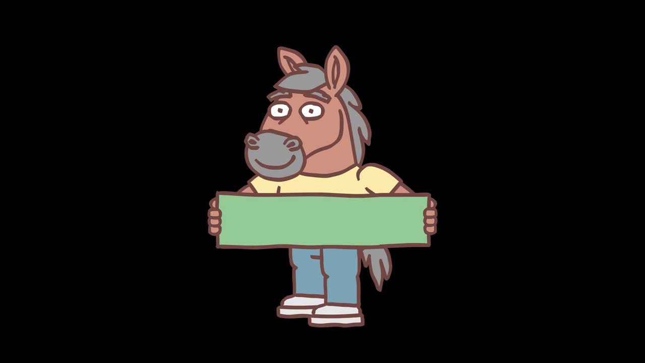el personaje del caballo sostiene el botón web con la inscripción gracias. animación cuadro por cuadro. canal alfa