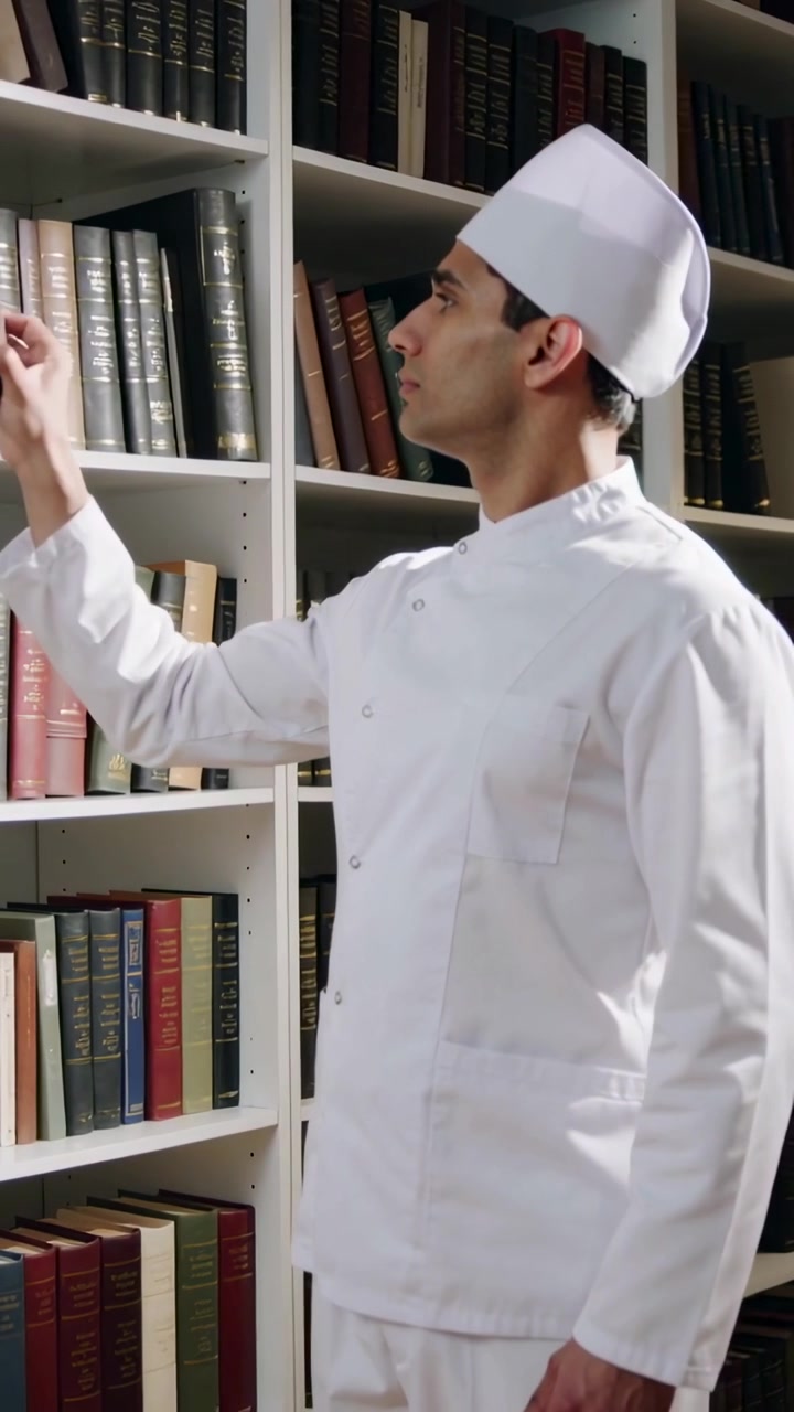 Video verticale: Individuando il dorso, uno chef in giacca allunga la mano in una libreria, prendendo un libro di cucina per una ricetta.