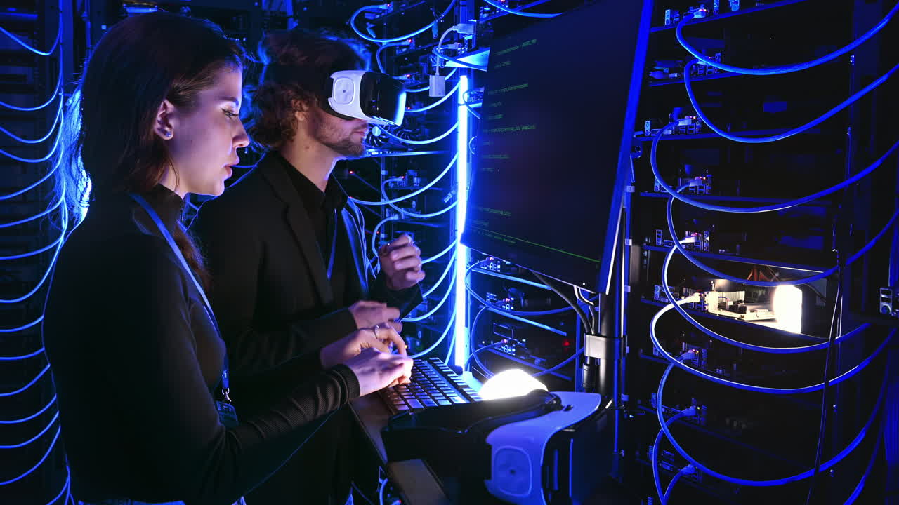 Woman programming in a server room while a man is using a Virtual Reality headset