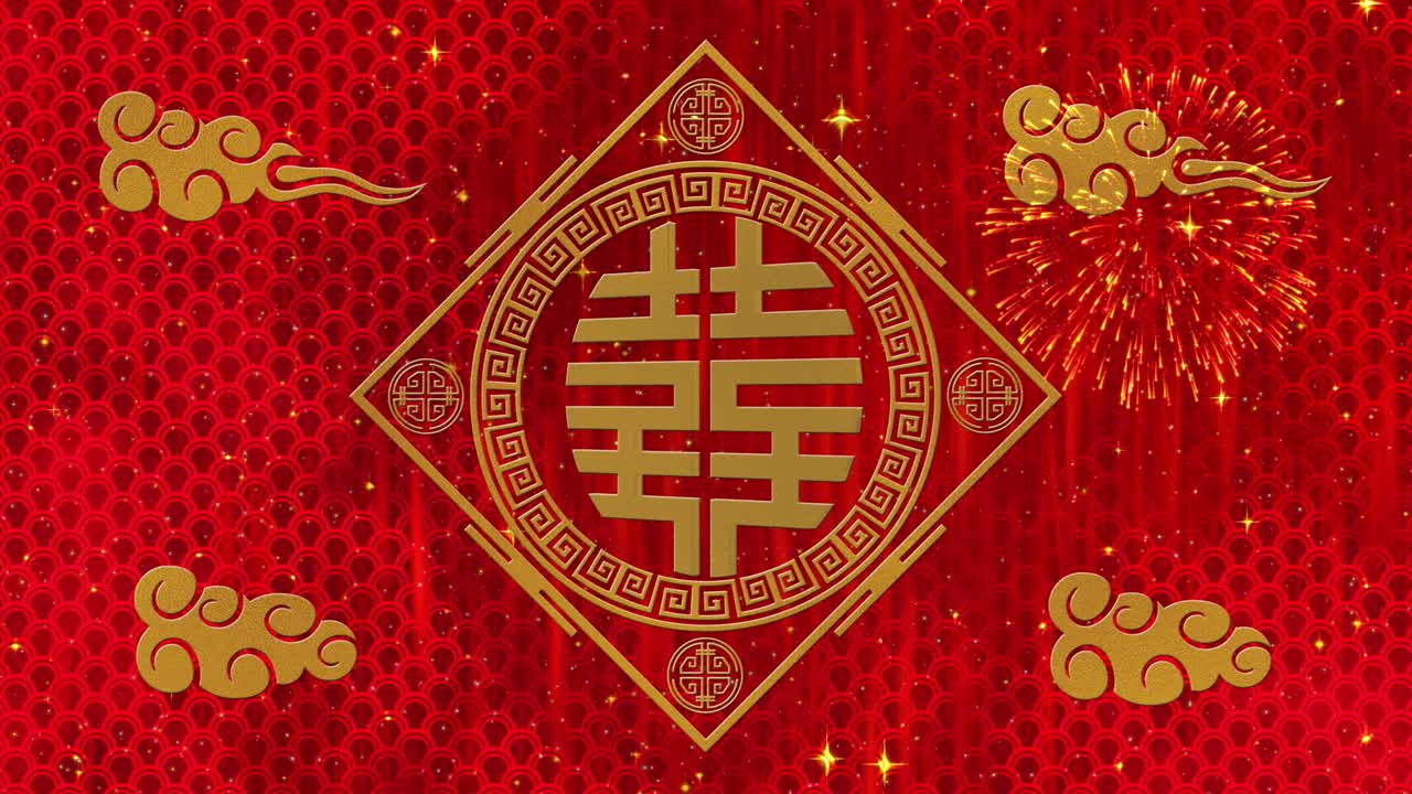 año nuevo lunar, fondo del festival de primavera con doble felicidad, símbolo, nubes, estrellas relucientes. telón de fondo de papel rojo del año nuevo chino para el evento. animación de renderización 3d. bucle sin costuras 4k video