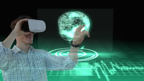 using virtual reality headset, man interacting with digital brain animation over grid background