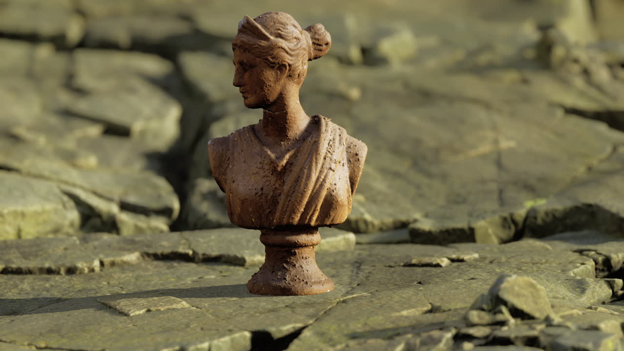 Ancient bust atop cracked earth reveals beauty amidst decay