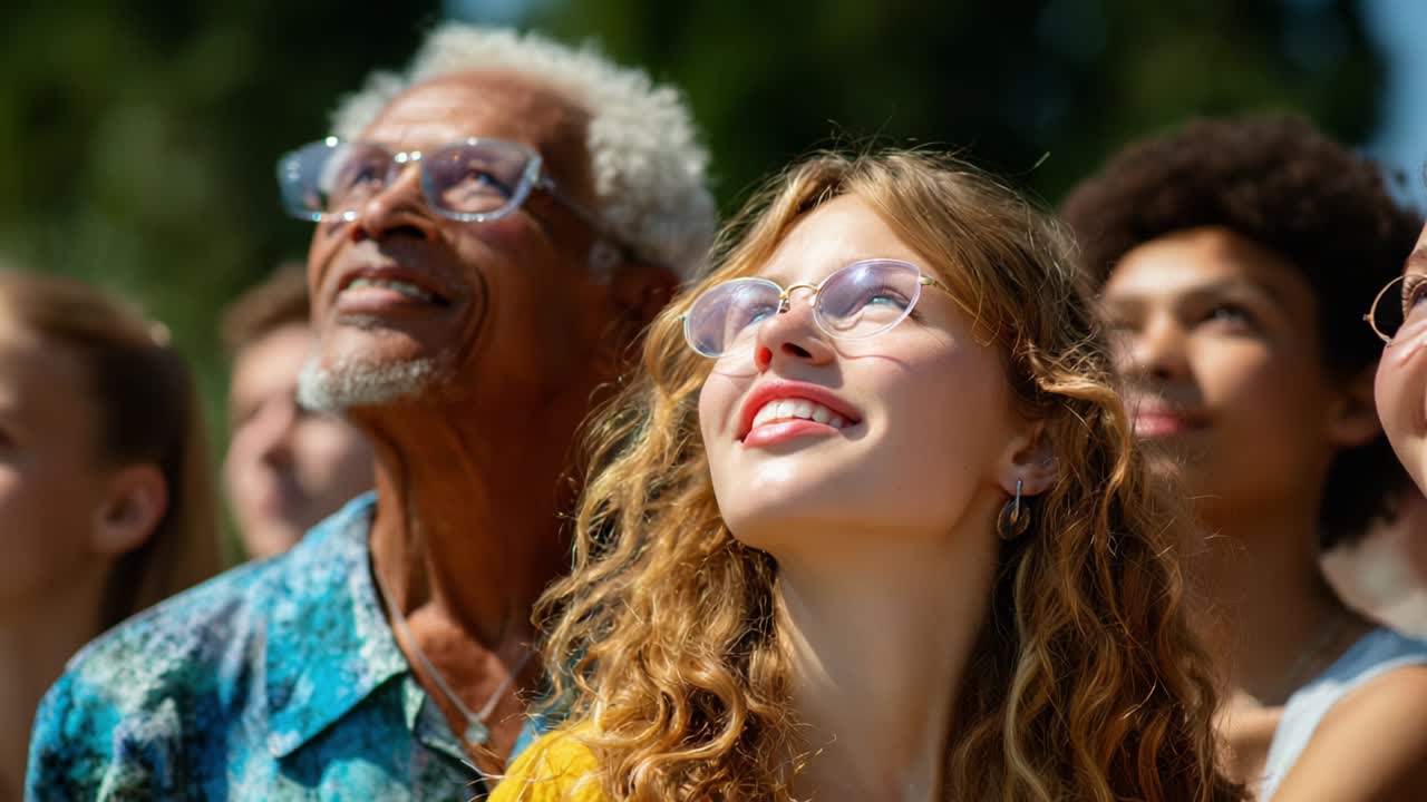 Diverse group of people looking up at something outdoors