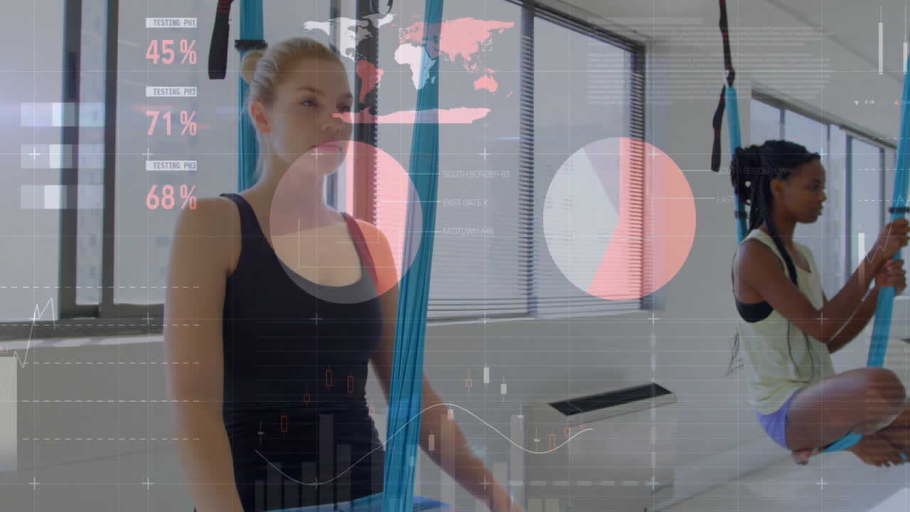 Exercising with aerial silks, women with data processing animation overlay