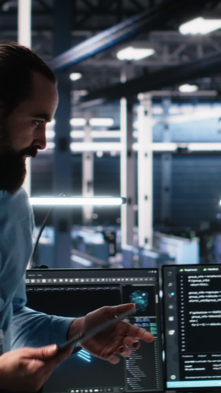 Vertical video Manager supervising woman in data center coding with generative AI
