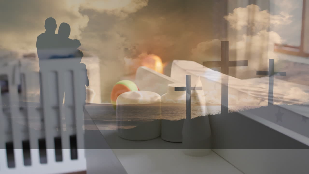Embracing couple in silhouette with crosses and clouds in serene landscape animation