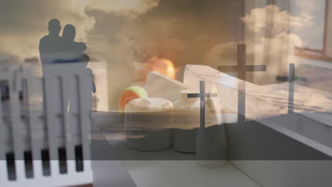 embracing couple in silhouette with crosses and clouds in serene landscape animation