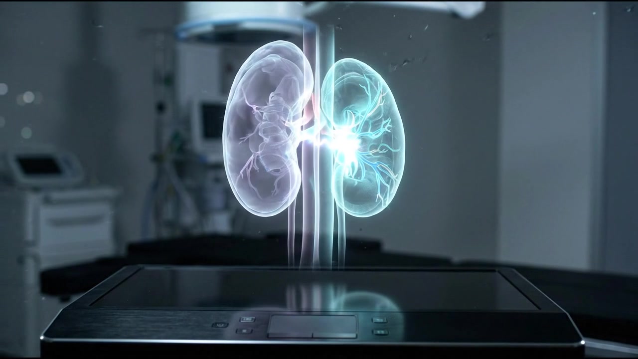 High technology pair of kidneys visualized through a transparent clinical display