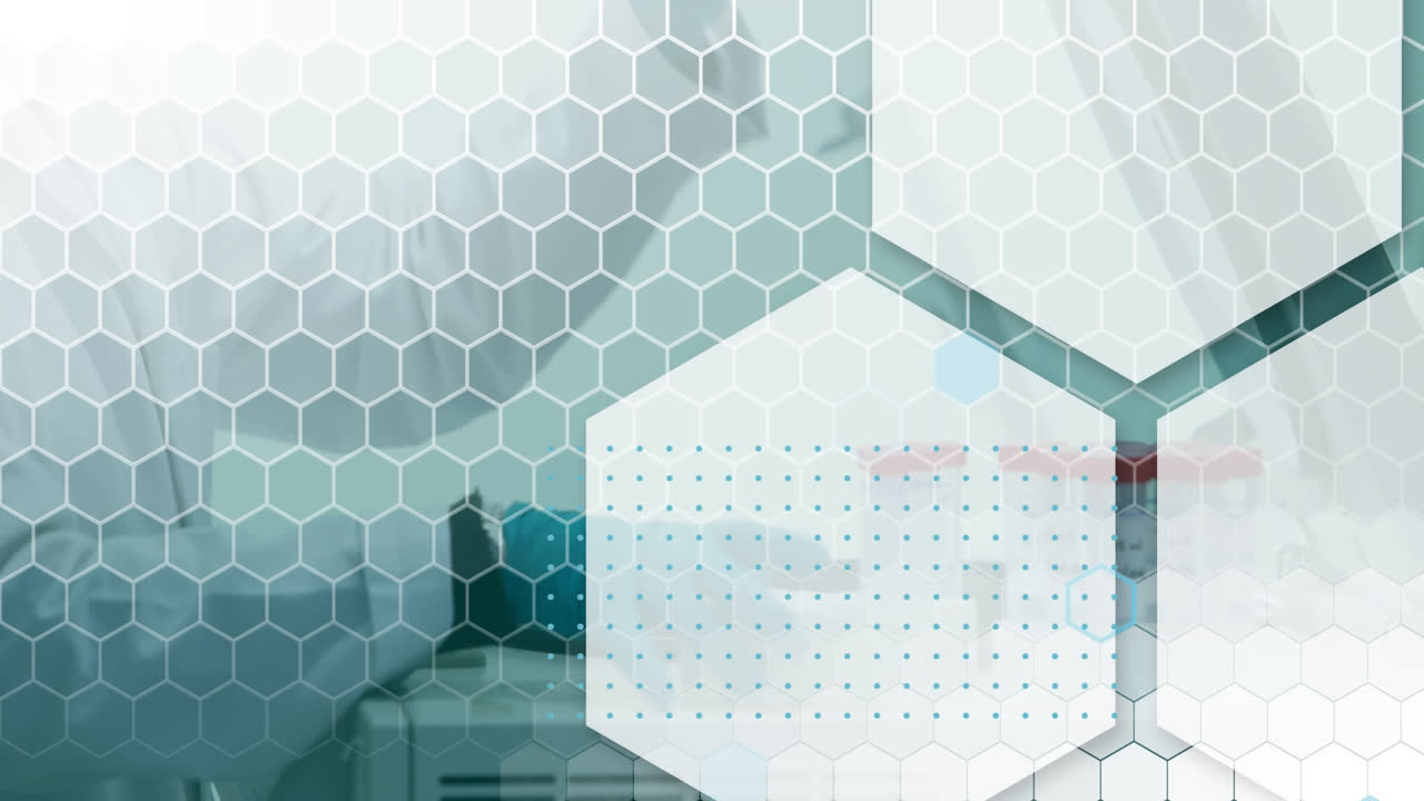 animación de múltiples hexágonos sobre el investigador colocando tubos de ensayo en la máquina de examen