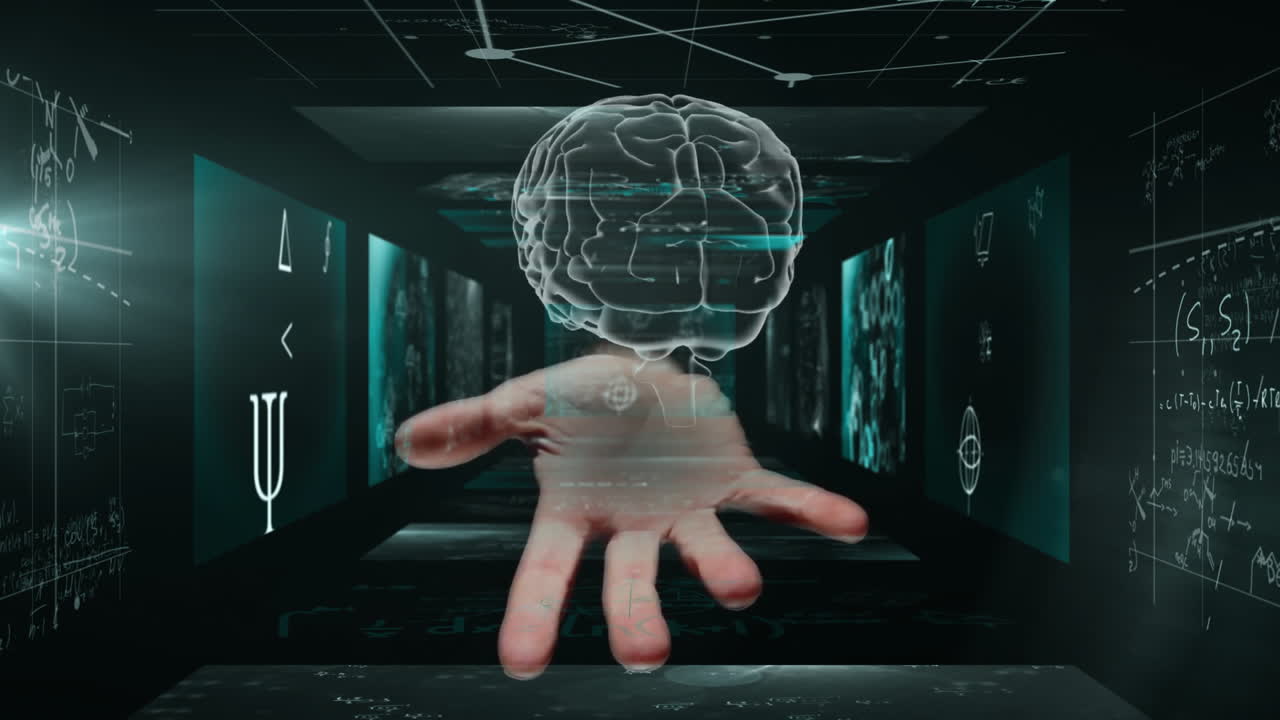 Reaching hand towards animated brain with digital data in school setting