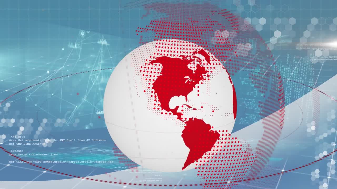 파란색 배경에 있는 데이터 프로세싱 위의 지구의 애니메이션