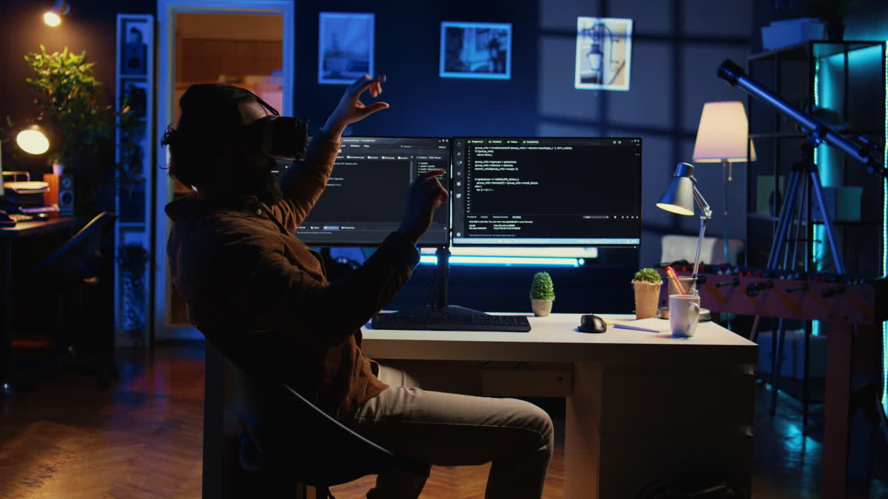 ingeniero autónomo que utiliza gafas vr tecnológicamente avanzadas para hacer la codificación