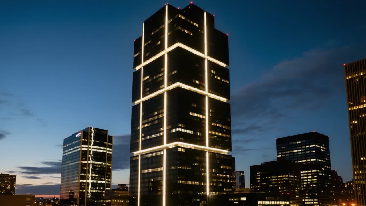 Striking Architectural Design of a Modern Skyscraper Illuminated at Dusk, Standing Tall Amidst a City Skyline Featuring Contemporary Building Styles