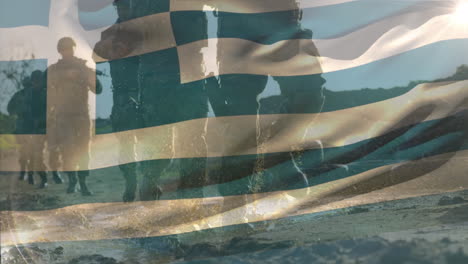 animation of flag of greece over diverse soldiers holding guns and running in forest