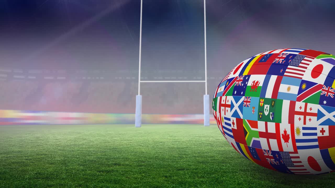 Animazione di tribune vuote con una palla da rugby e bandiere nazionali sul campo in uno stadio sportivo