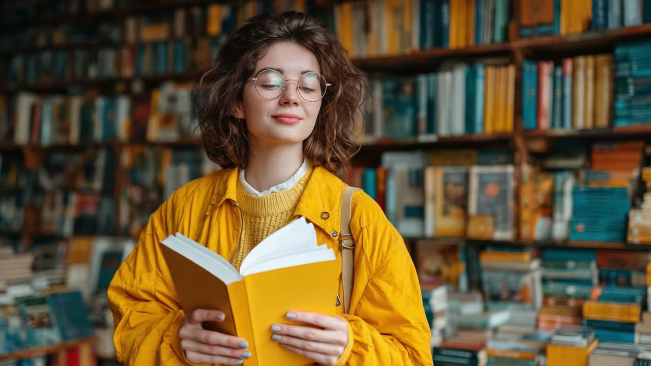 A Young Woman in a Cozy Bookstore Embraces the Joy of Reading, Holding a Bright Yellow Book, Surrounded by Shelves Full of Literature and Exploration