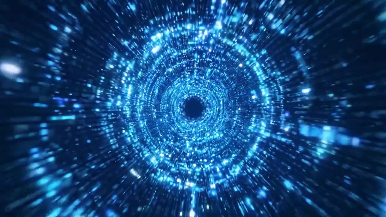 A mesmerizing journey through a cosmic vortex of bright blue particles, spiraling toward an infinite center, evoking a sense of speed, discovery, and the mysteries of the universe.