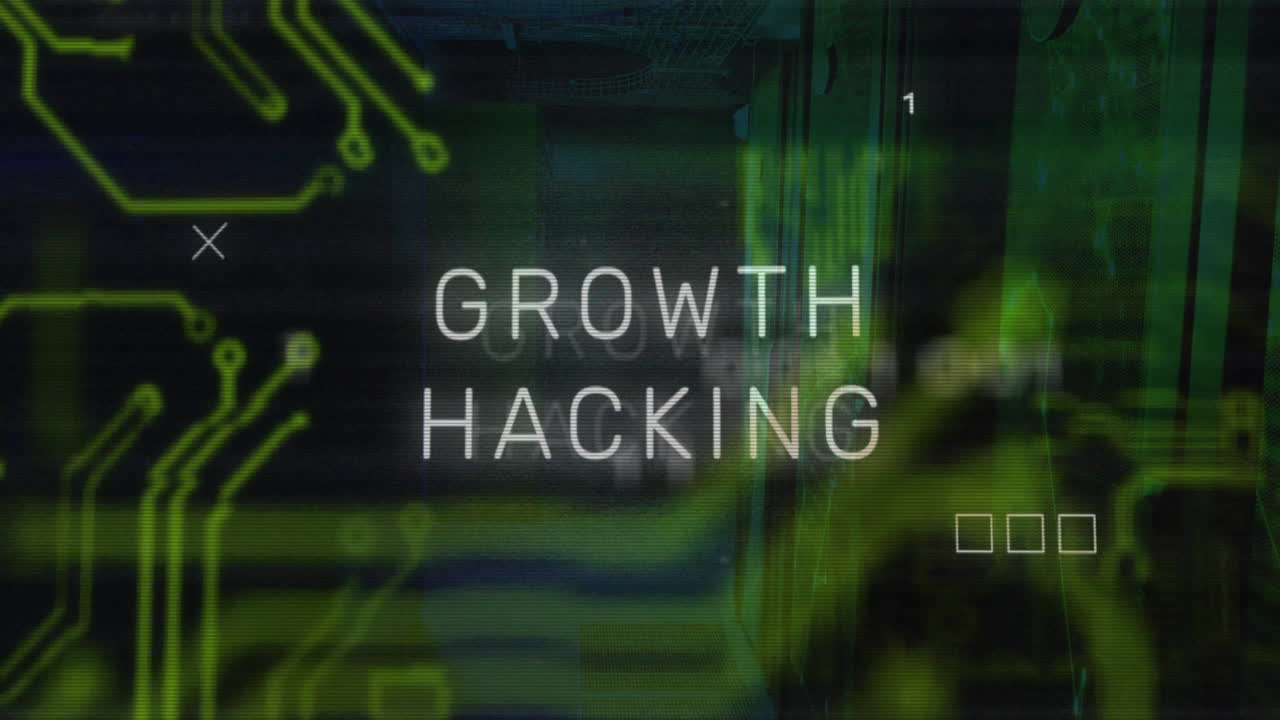 Animation of growth hacking text over data processing and server room