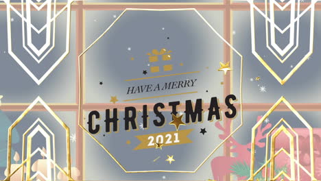 animation of have a merry christmas text over gold shapes, snow falling and window