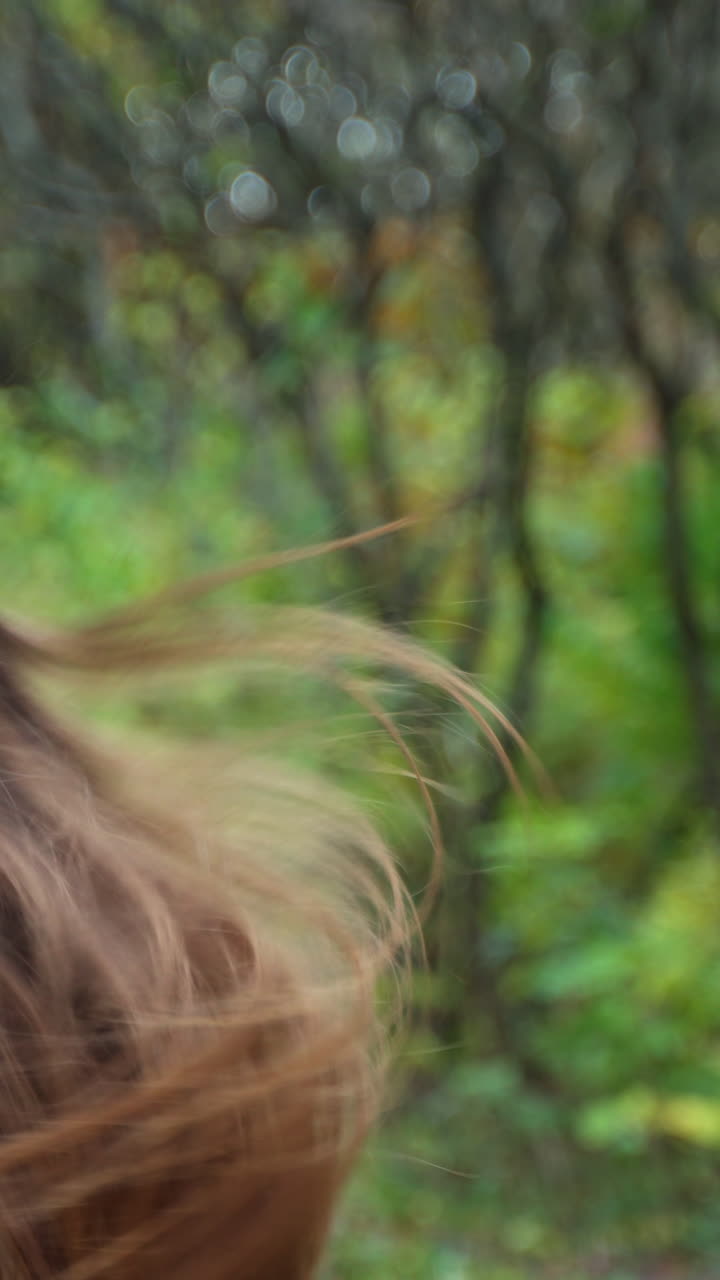 Long-haired brunette jogging by the autumn park. Beautiful hair of a woman waving satisfyingly. Blurred backdrop. Vertical video