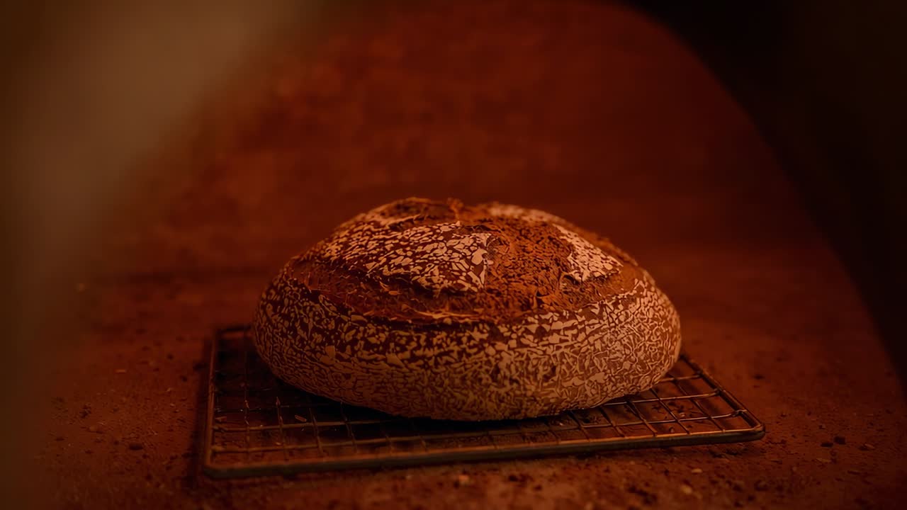Browning round sourdough loaf under oven heat finishing bake inside stone oven, with wire rack