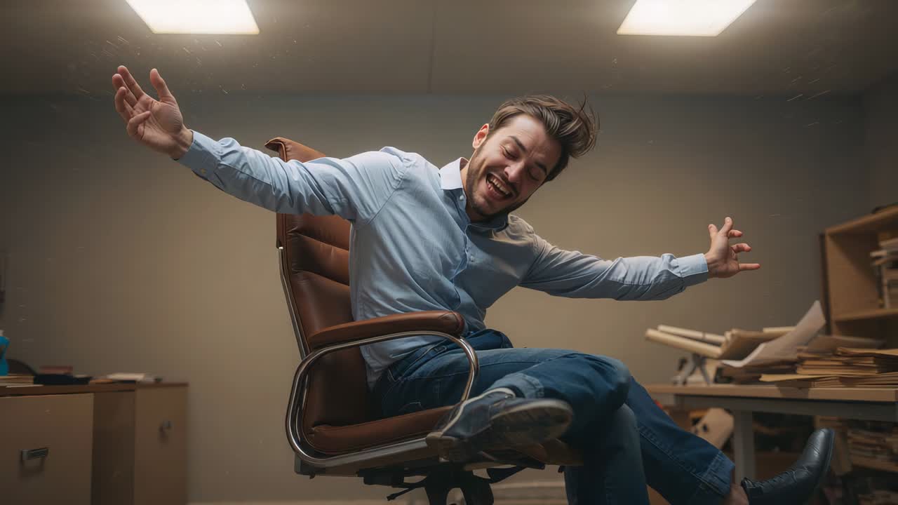 Leaning back man in blue shirt jeans spinning swivel chair at workshop, laughing near model planes