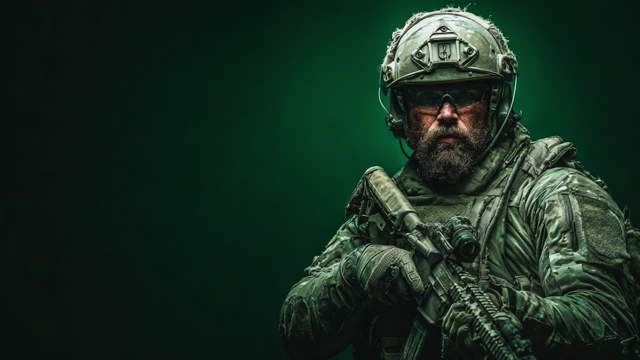 Un operatore delle Forze Speciali in completo equipaggiamento tattico posa con sicurezza contro uno sfondo verde scuro, evidenziando la sua prontezza e forza nelle operazioni militari.