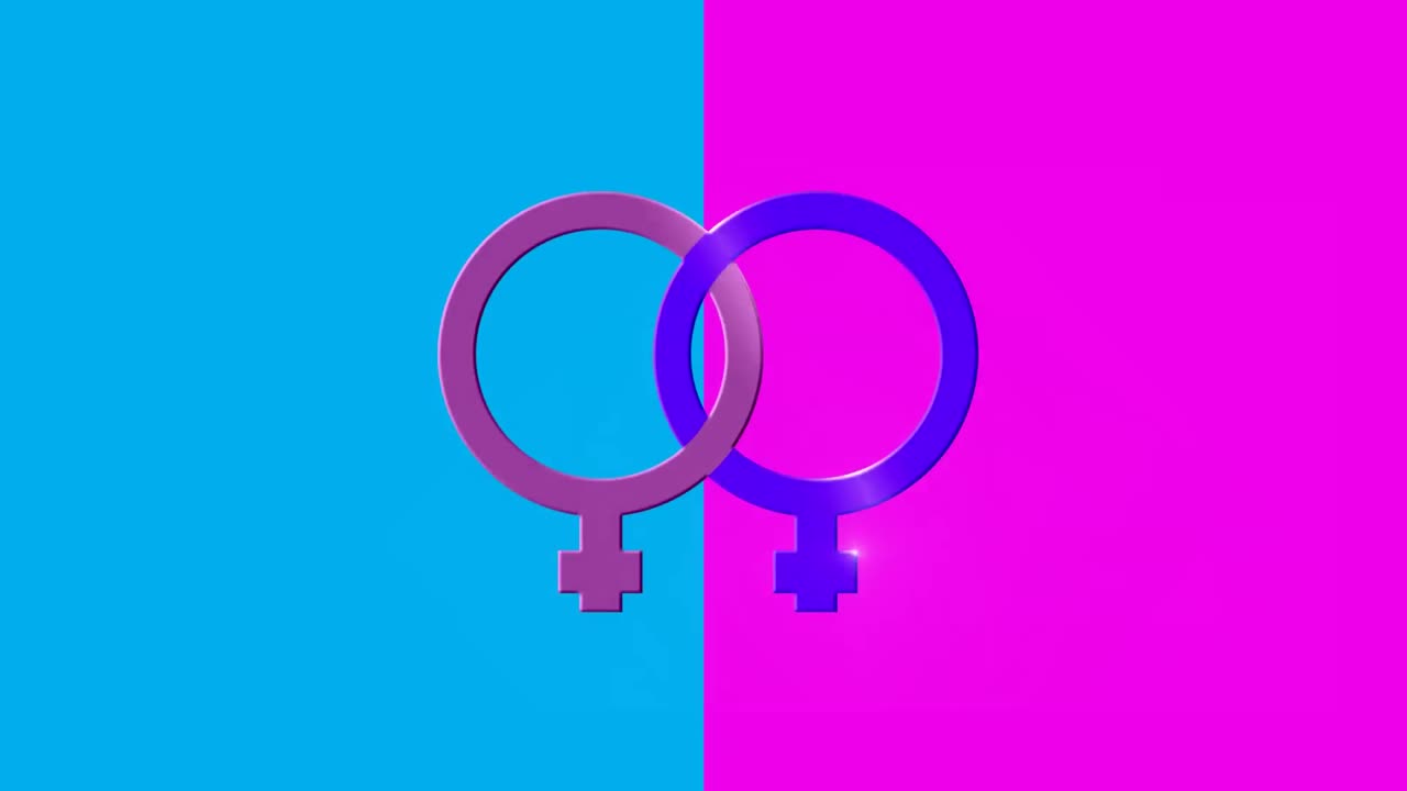분홍색과 파란색 바탕에 연결된 두 개의 여성 상징