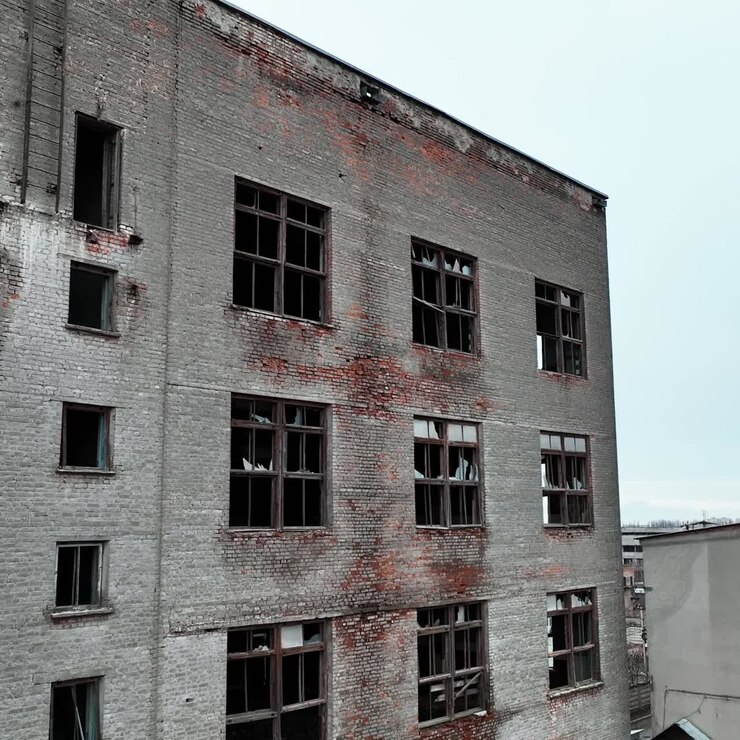 Locali in una zona industriale che si rovinano con il tempo. Vecchi edifici con finestre rotte pronti per essere demoliti