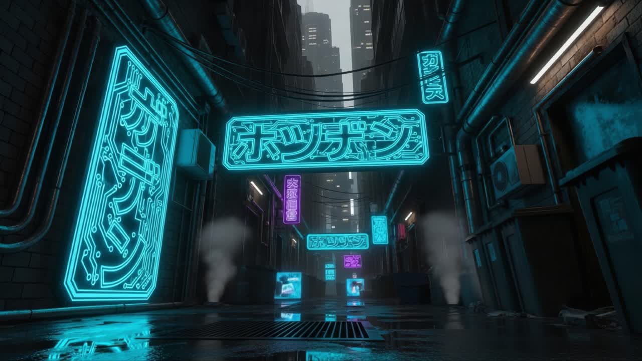Eine futuristische Neon-Gasse, umgeben von regennassen Wänden und elektronischer Beschilderung, die eine atmosphärische Stadtszene in einem Cyberpunk-Setting einfängt