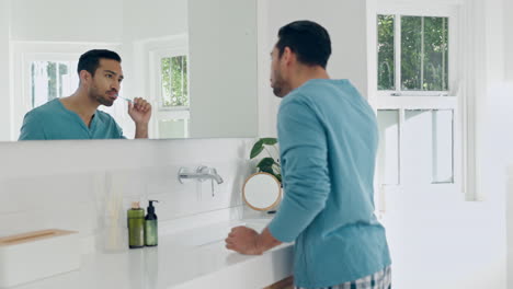 hygiene, woman and man brushing teeth in bathroom