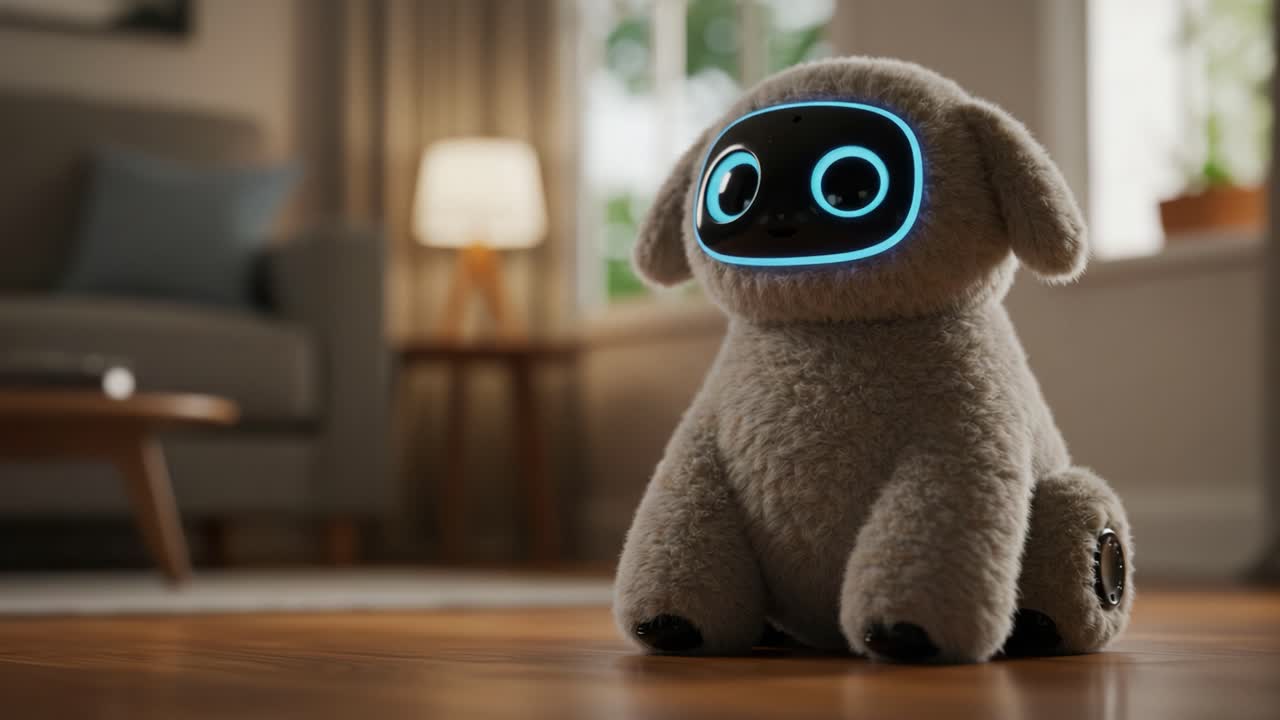 A Cute Intelligent Companion Sitting in a Cozy Living Space, Featuring Soft Textures and LED Facial Features, Perfect for Captivating Interaction and Affection