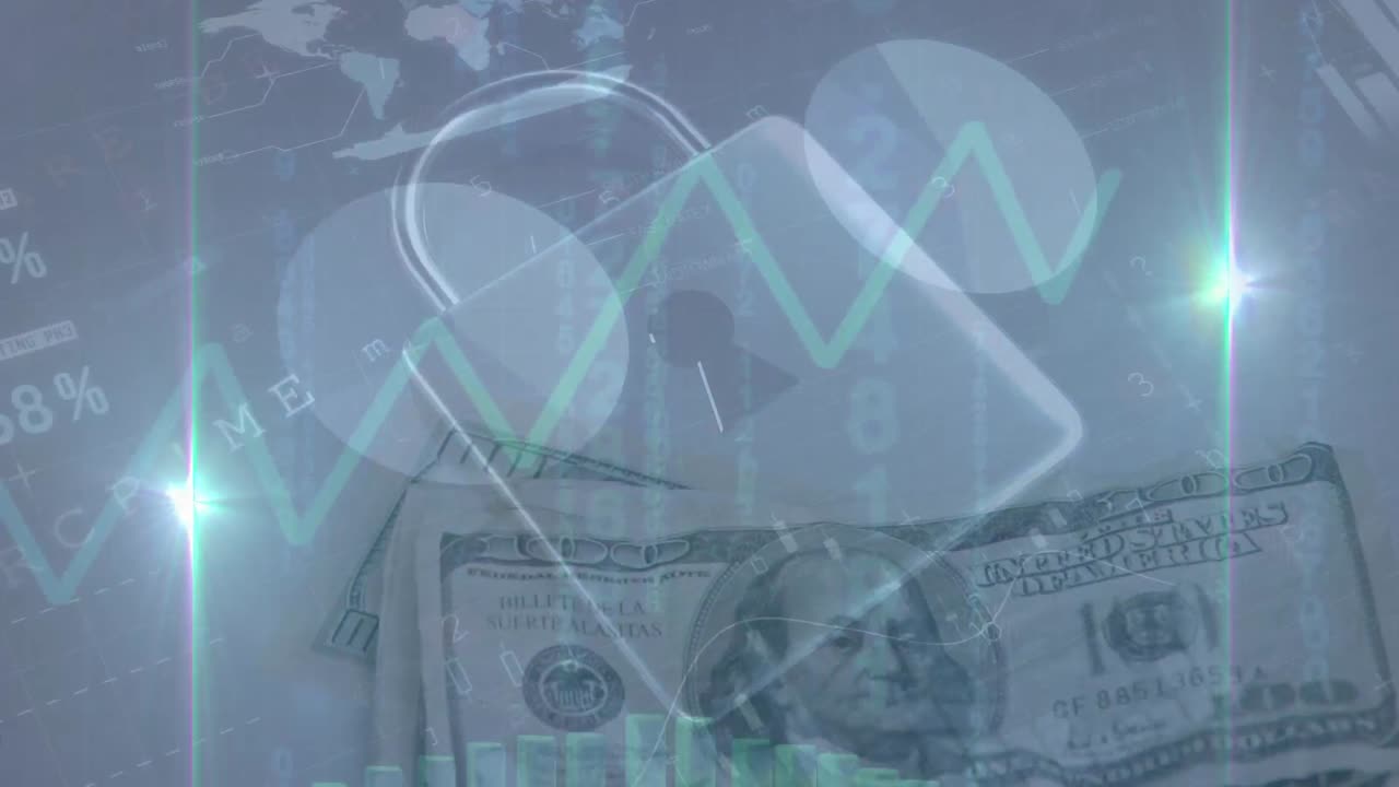 금융 그래프, 데이터 및 디지털 락의 애니메이션, 불과 달러