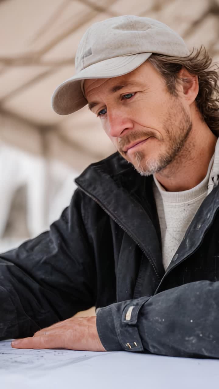 Thoughtful Man Analyzing Plans in a Casual Setting, with Focused Expression Reflecting Deep Consideration for Upcoming Project Elements