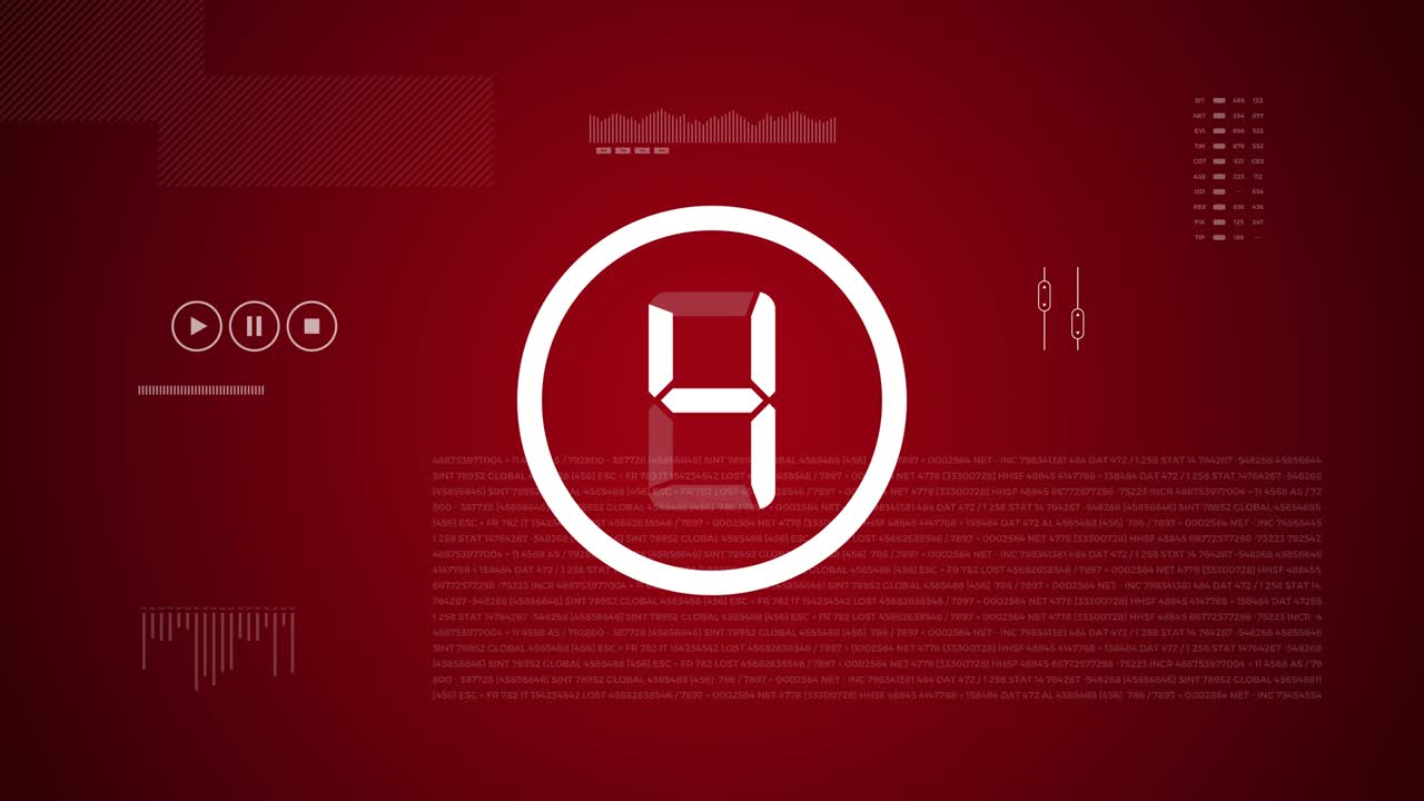 Countdown in modern 2d animation with digital and technological elements.