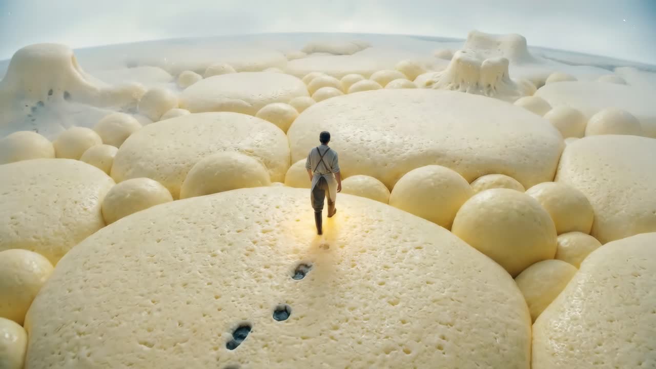 Man Walking on a Surreal Creamy Bubble Landscape with Glowing Footprints