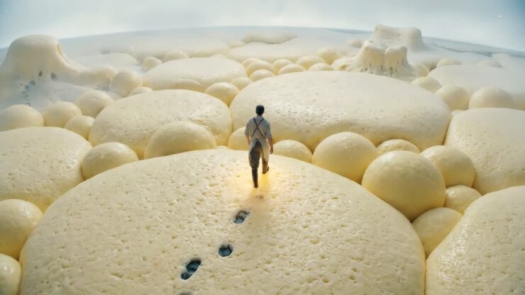 Man Walking on a Surreal Creamy Bubble Landscape with Glowing Footprints