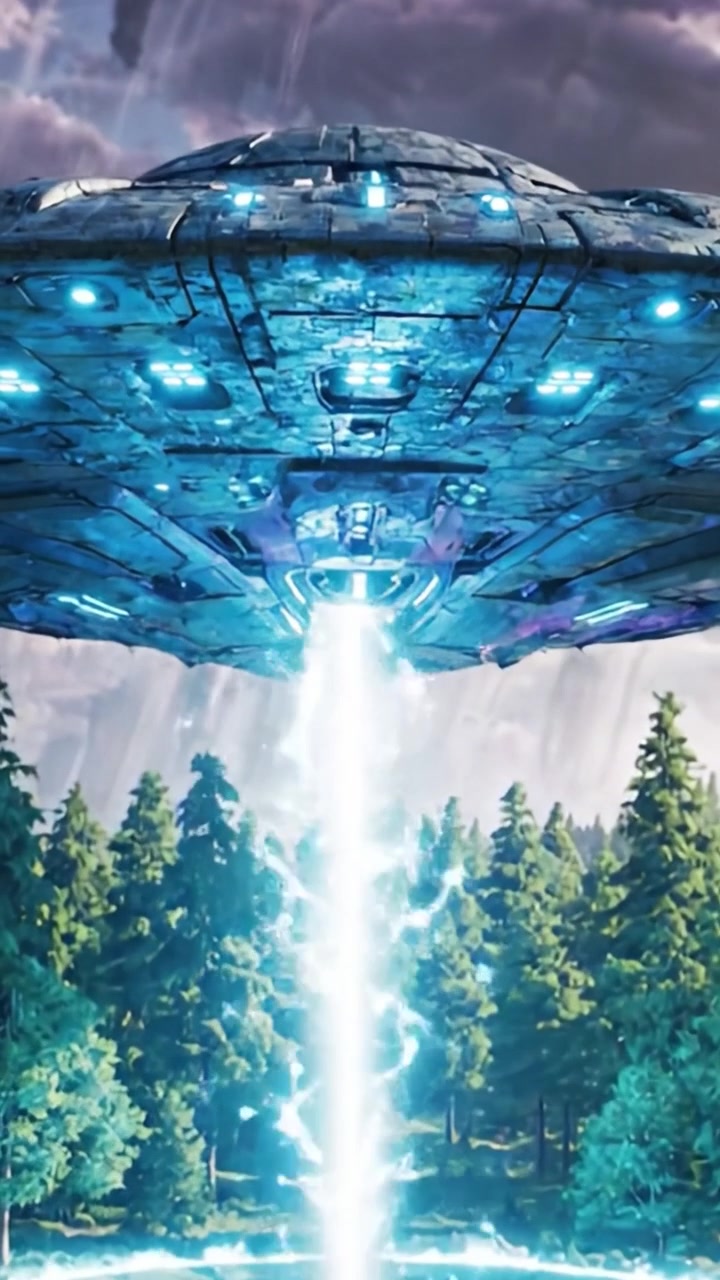 En mystisk UFO daler ned midt i mørk himmel og frodig skog, og sender ut en kraftig lysstråle i et illevarslende og gåtefullt møte med naturen
