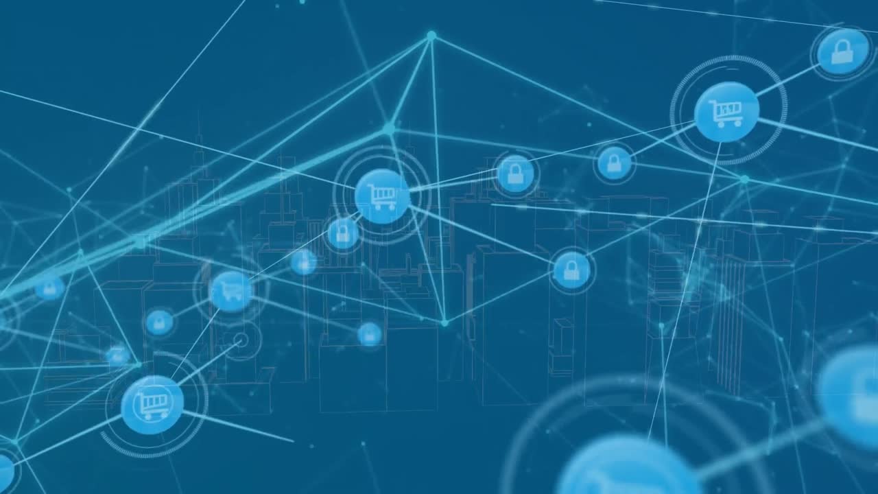 연결된 아이콘, 연결된 점 및 파란색 배경 위의 현대 도시의 3d 모델의 애니메이션