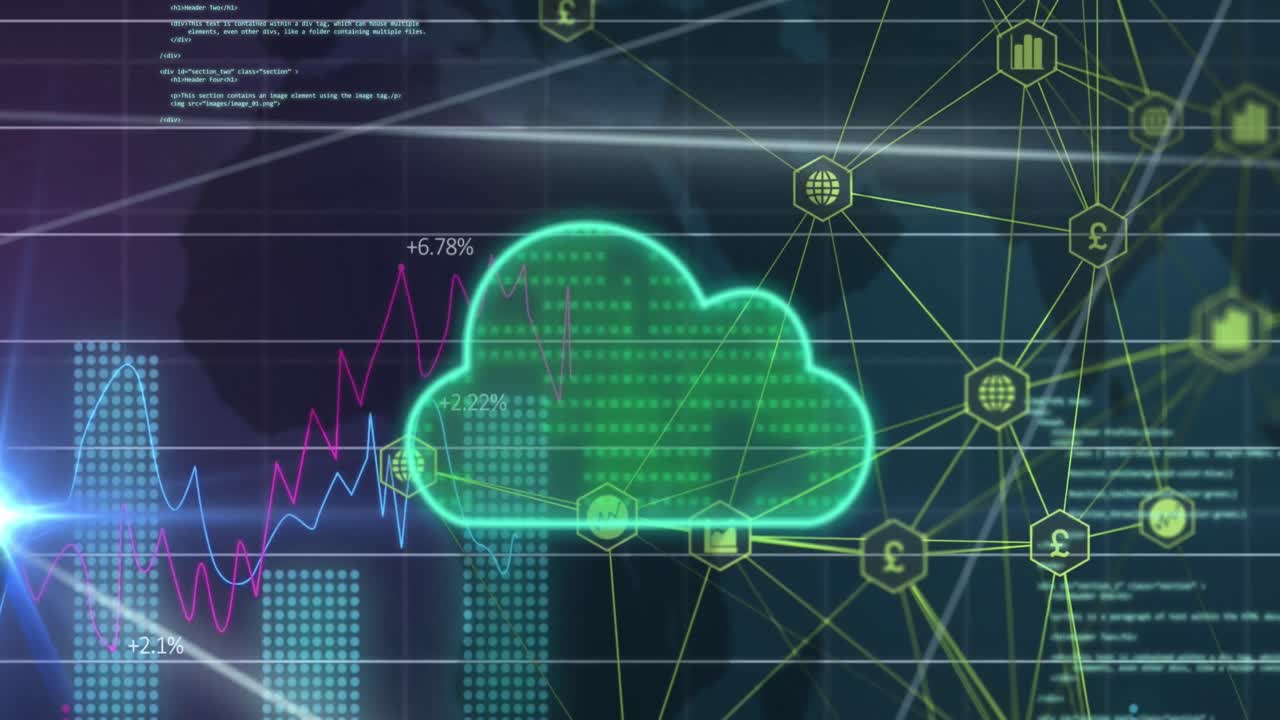 animación de la nube, procesamiento de datos a través de conexiones.