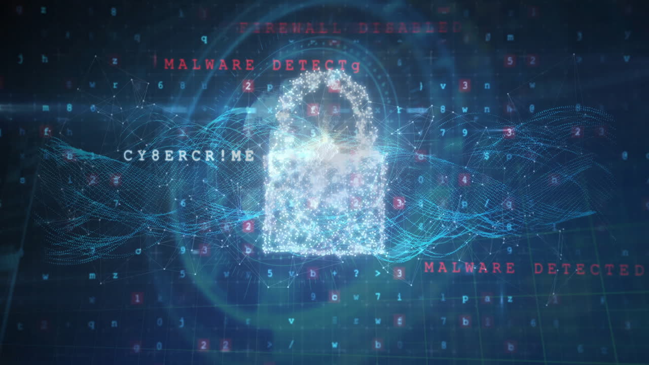 Firewall disabled text animation over digital padlock and data network