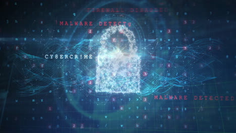 firewall disabled text animation over digital padlock and data network