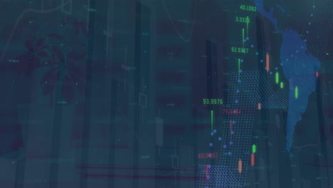 animación de estadísticas y procesamiento de datos financieros sobre el paisaje urbano