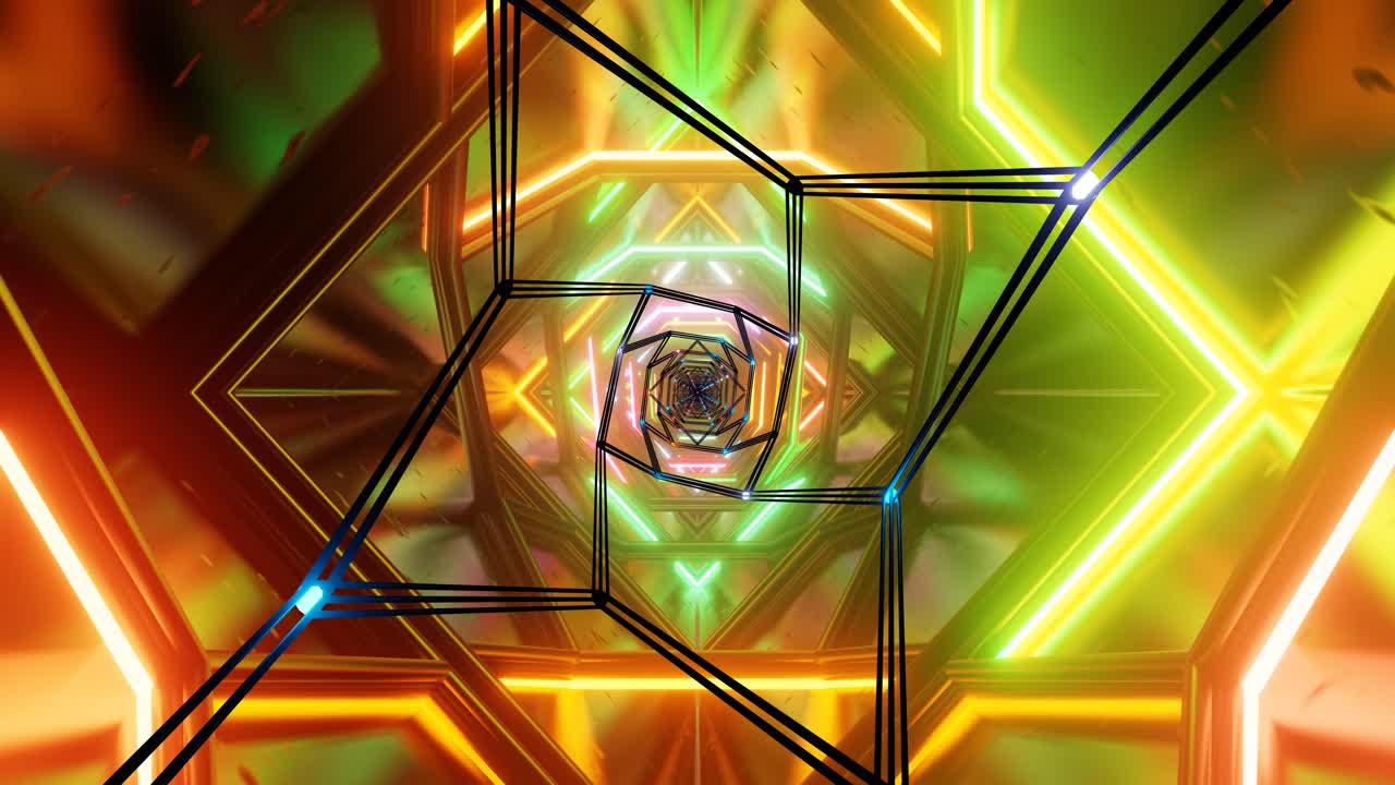 A dynamic display of swirling, colorful geometric shapes creates an eye catching, immersive environment