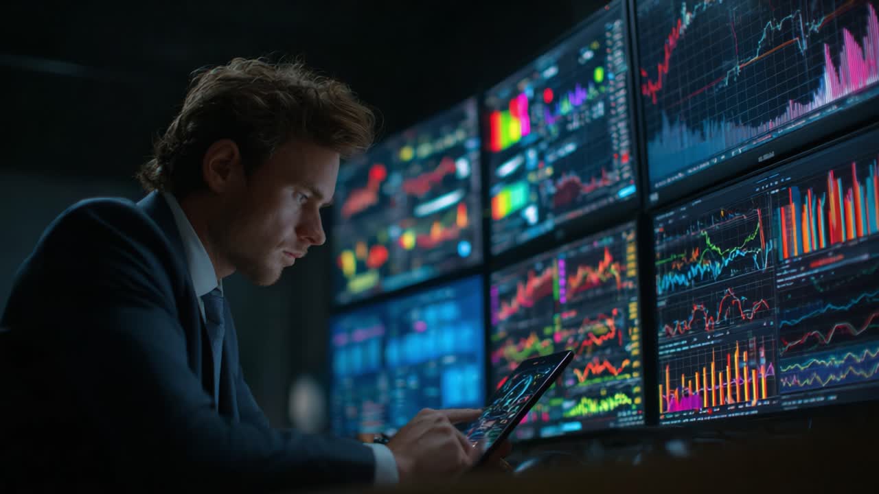 Focused Analyst Interpreting Data Visualizations on Multiple Monitors While Using a Tablet, Indicating the Fast-Paced World of Financial Analysis and Technology Integration