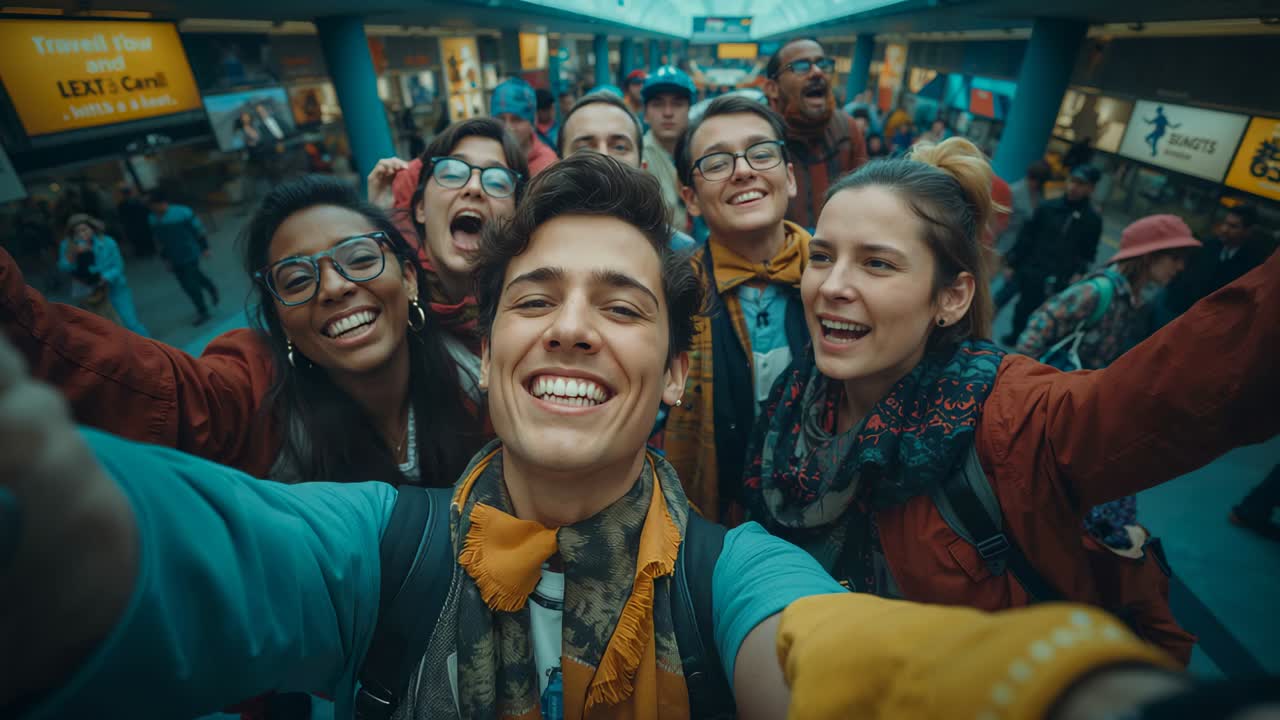 Holding smartphone arm's length, eight friends capturing selfie in train concourse to fit everyone