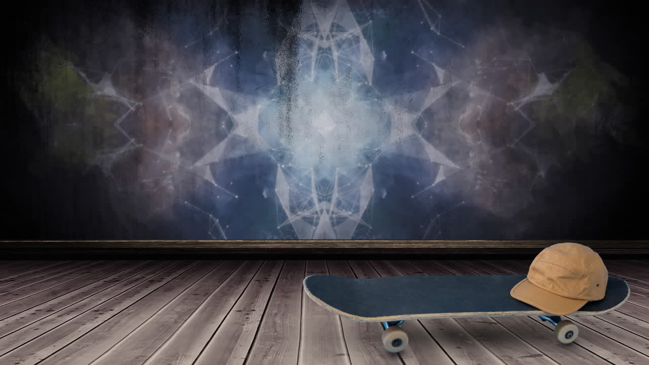 animación de una gorra en un patineta en una superficie de madera con un patrón en un fondo negro