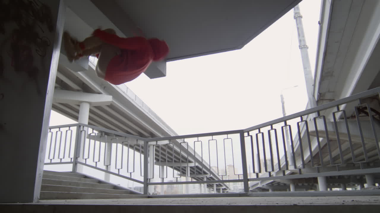 Parkourist Doing Wall Backflip on Urban Staircase